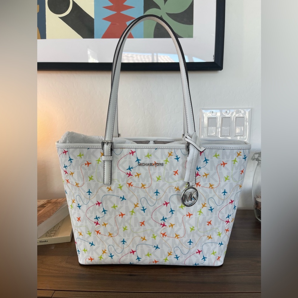 Michael Kors Jet Set Leather Carryall Airplane Tote Bag - WHITE - NWT